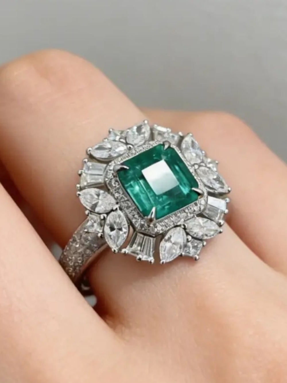 White Rhodium Emerald Halo Cocktail Ring